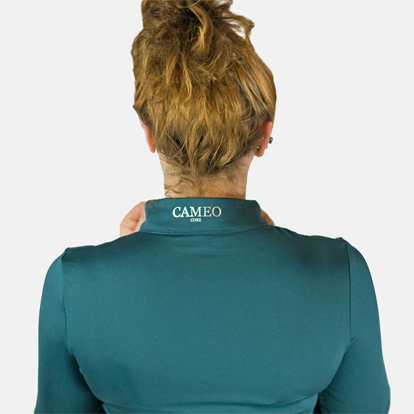Close up rear view of collar of Cameo Core Collection Baselayer in teal