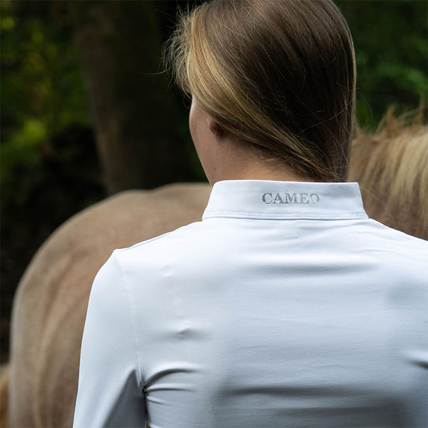 Close up rear view of collar of Cameo Core Collection Baselayer in White