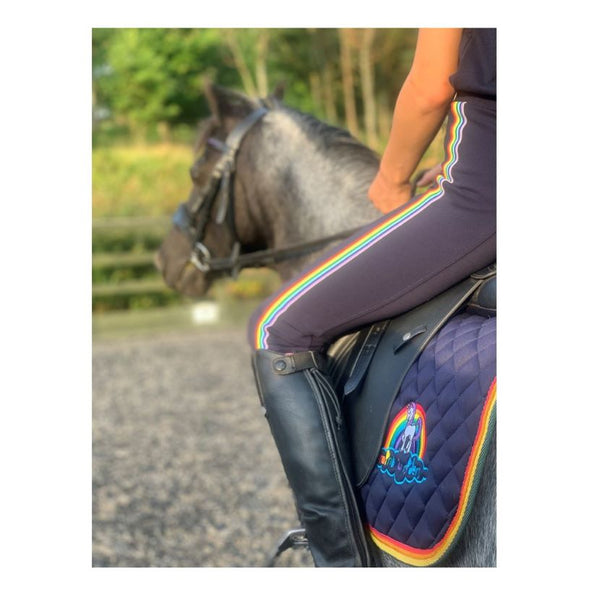 Rear view of rider wearing Cameo Rainbow Jodphurs 