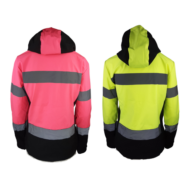 Rear view of Cameo Performance Hi Viz Jackets in Pink and Yellow