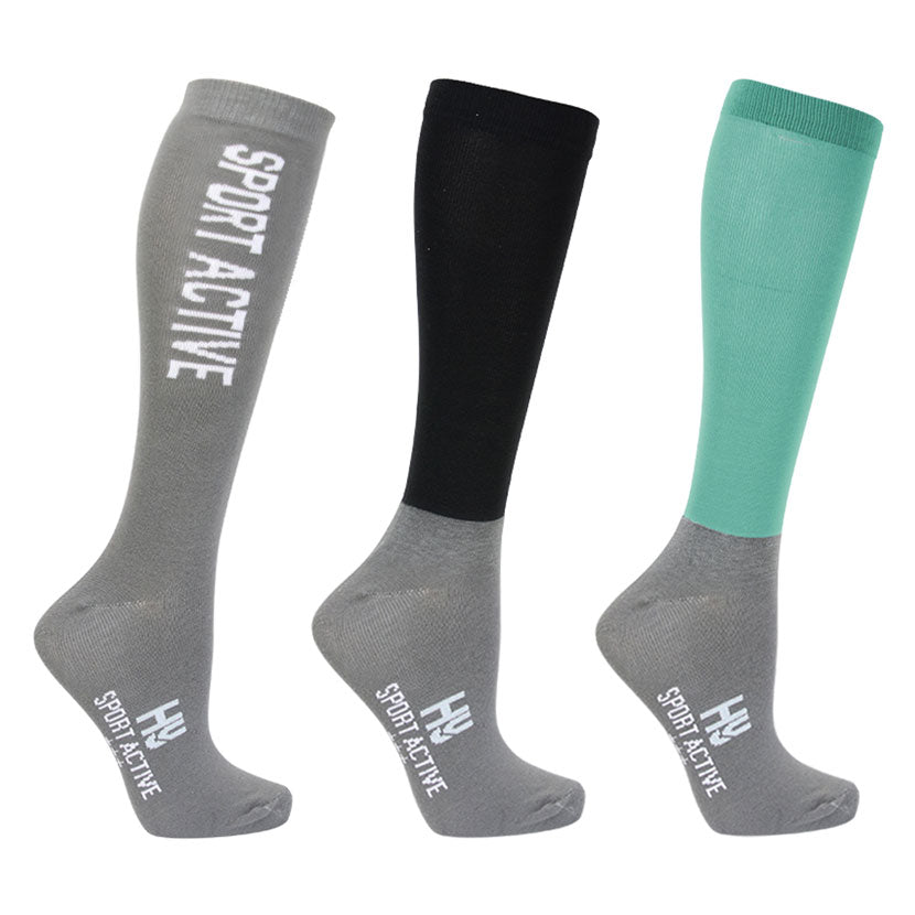 Set of 3 Hy Sport Active Riding Socks in spearmint green, grey and black