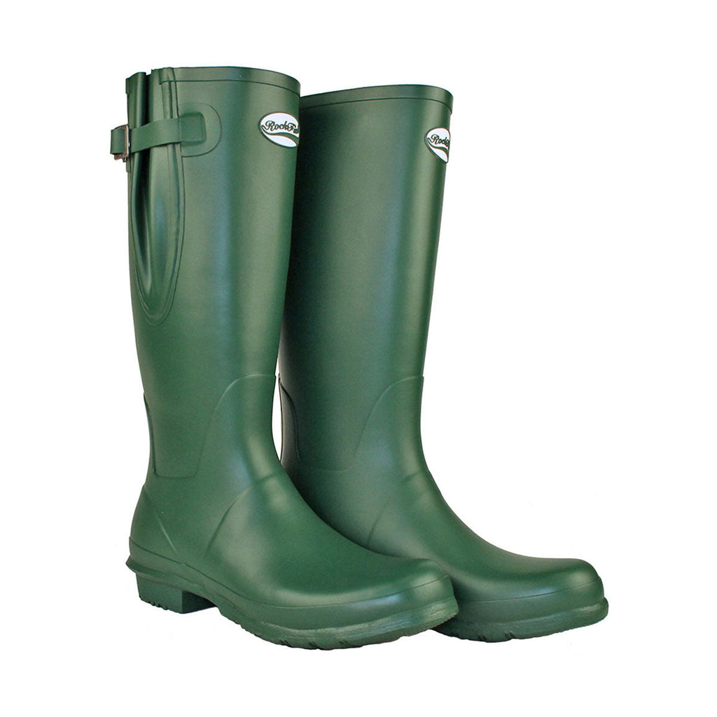 Side view of a pair of Rockfish Women's Tall Adjustable Matt Wellington Racing Green