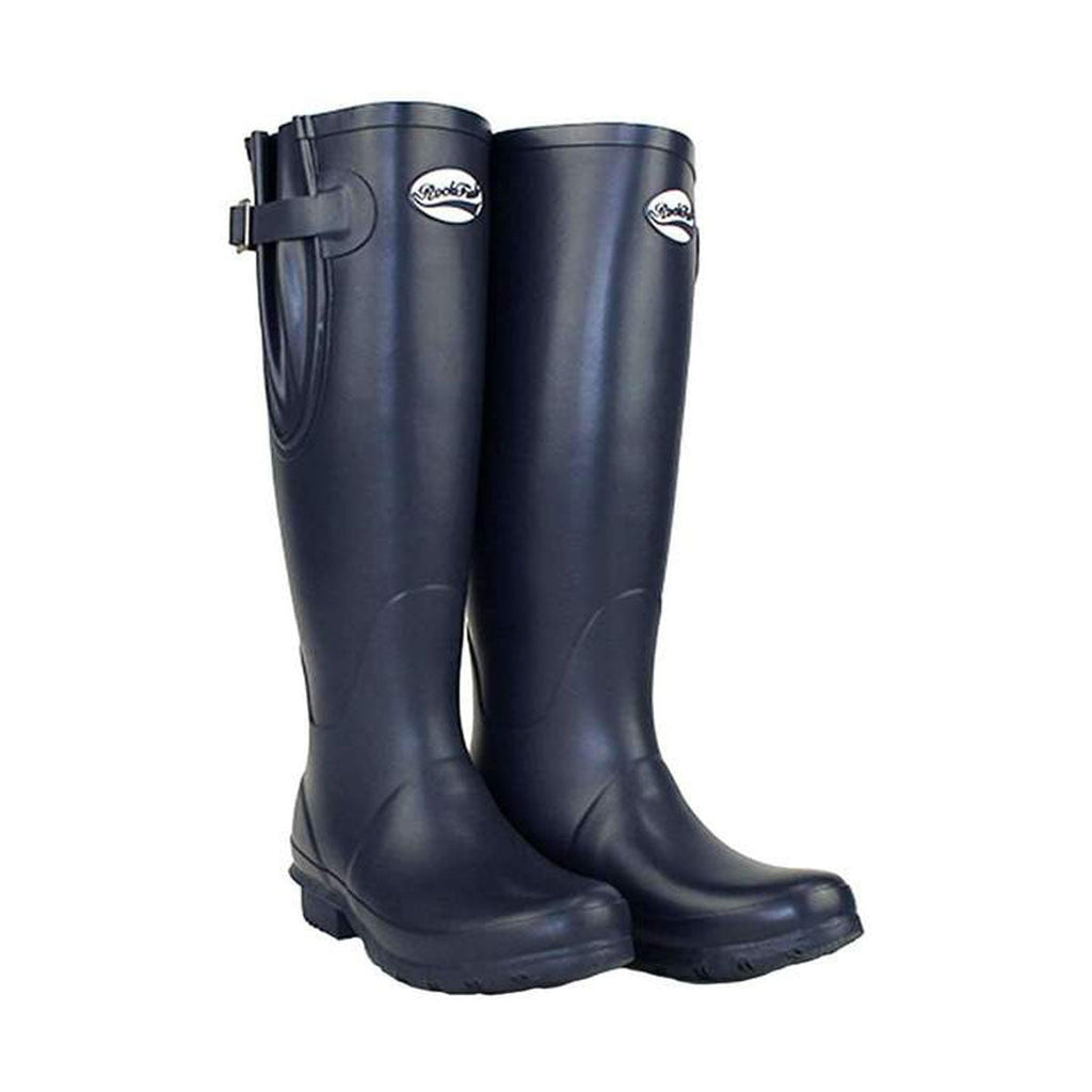 Side view of a pair of Rockfish Women's Tall Adjustable Matt Wellington Our Navy