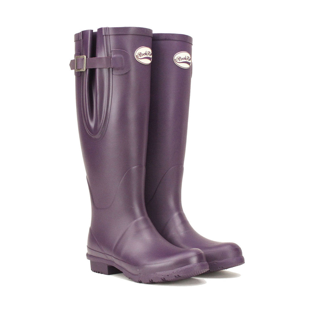 Side view of a pair of Rockfish Women's Tall Adjustable Matt Wellington Purple Grape