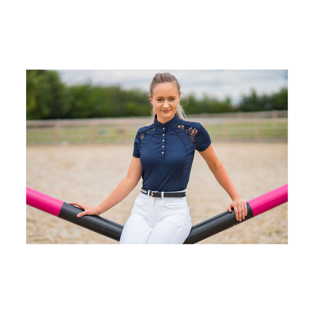 Front view of Hy Equestrian Laila Lace Show Shirt in Navy