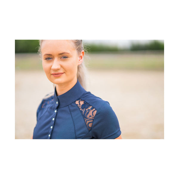 Close up of shoulder detail on Hy Equestrian Laila Lace Show Shirt in Navy