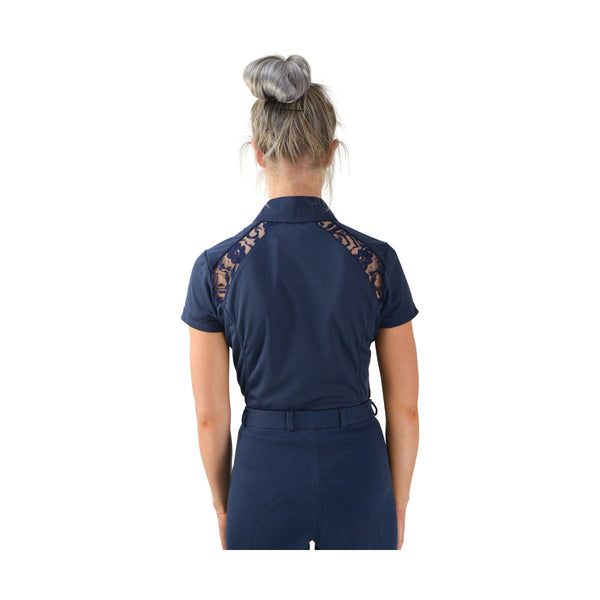 Rear view of Hy Equestrian Laila Lace Show Shirt in Navy