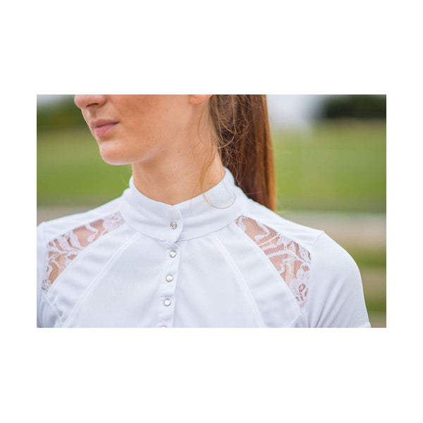 Close up of shoulder detail on Hy Equestrian Laila Lace Show Shirt in White