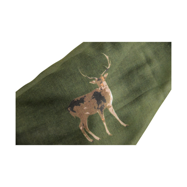 Close up of Hy Equestrian Stag Print Scarf in green