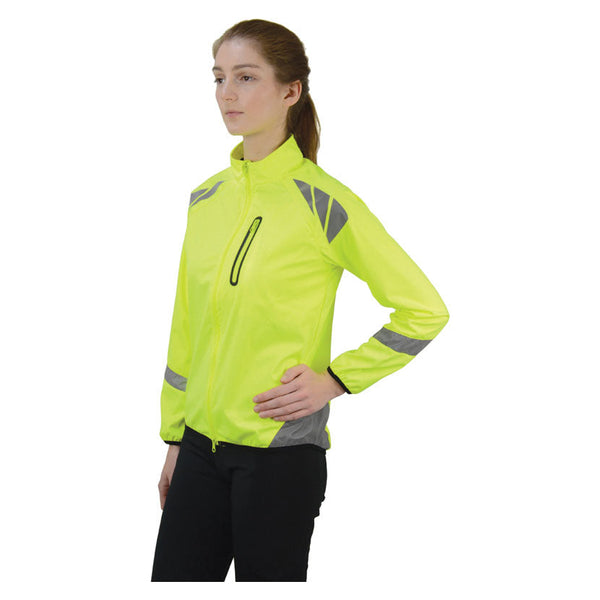 Model wearing Reflector Jacket by Hy Equestrian in Yellow