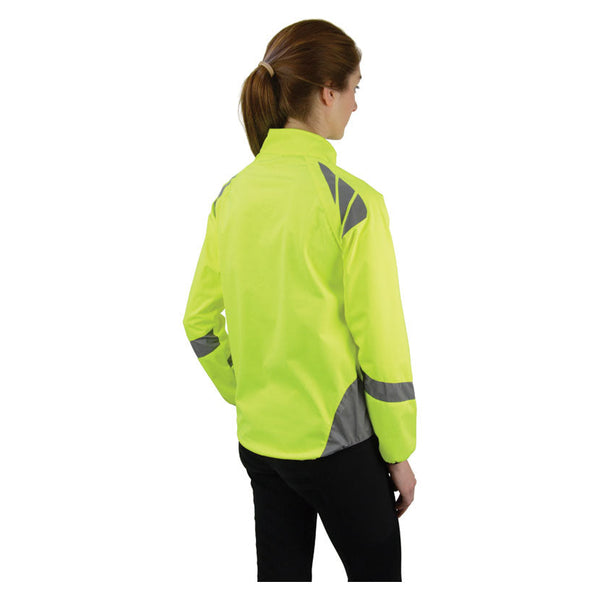 Rear view of model wearing Reflector Jacket by Hy Equestrian in Yellow