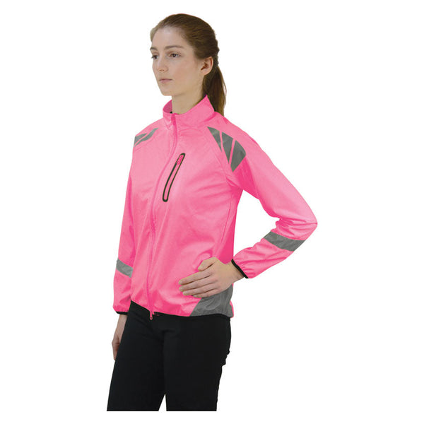 Front view of model wearing Reflector Jacket by Hy Equestrian in Pink