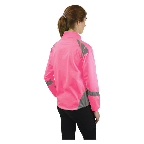 Rear view of model wearing Reflector Jacket by Hy Equestrian in pink