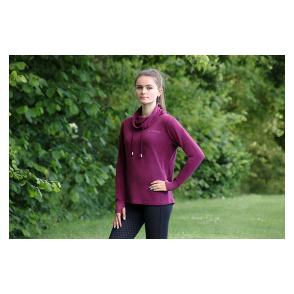 Model wearing Hy Equestrian Synergy Cowl Neck Top in Fig