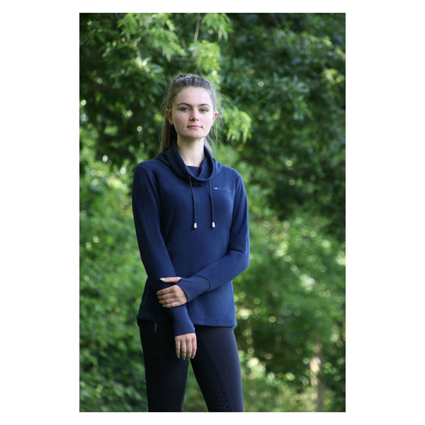 Model wearing Hy Equestrian Synergy Cowl Neck Top in Navy