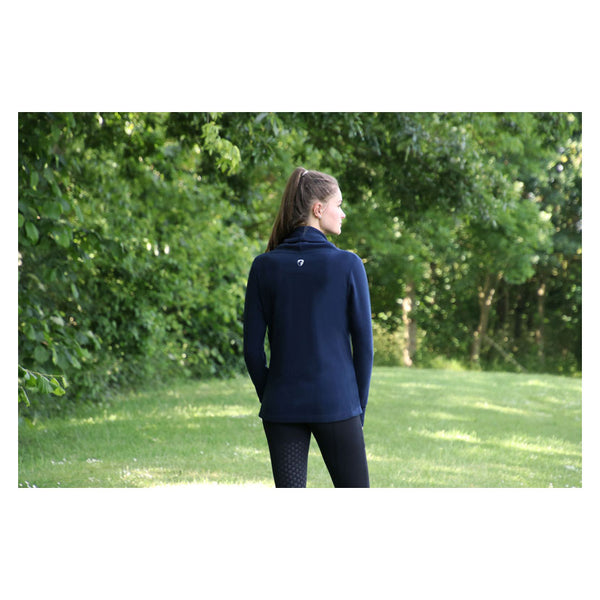 Rear view of model wearing Hy Equestrian Synergy Cowl Neck Top in Navy