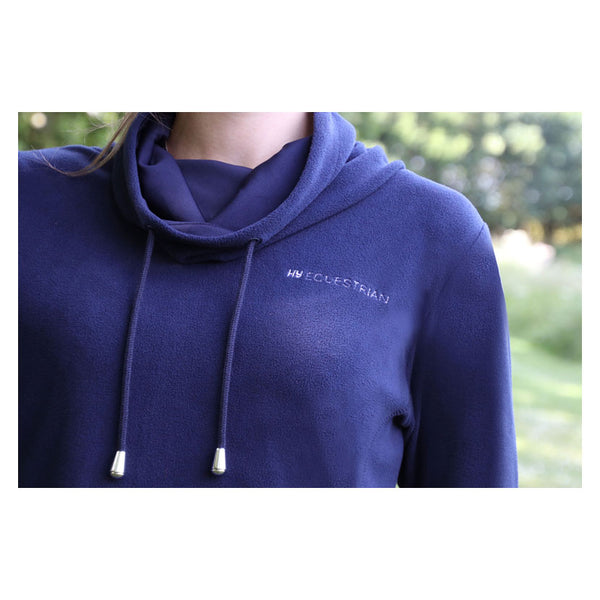 Close up of branding on Hy Equestrian Synergy Cowl Neck Top in Navy