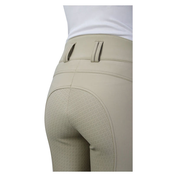 Close up rear view of Hy Equestrian Arctic Polar Softshell Breeches in Beige