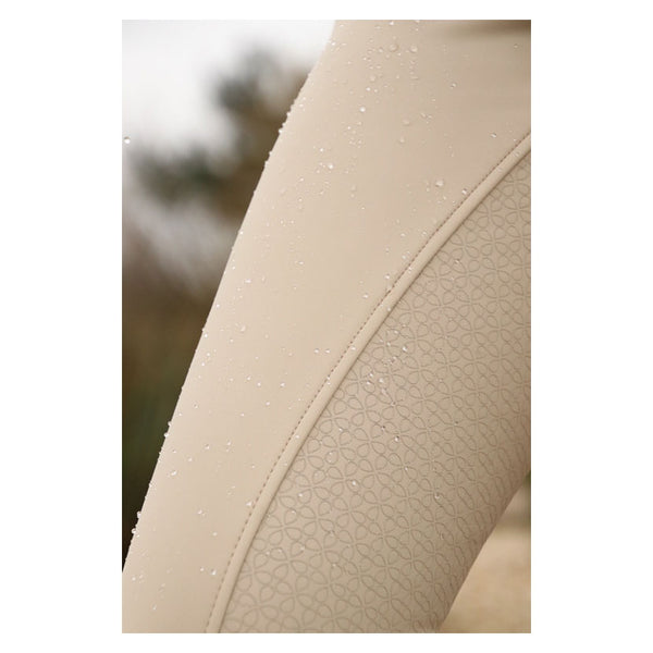 Close up of water droplets on Hy Equestrian Arctic Polar Softshell Breeches in Beige