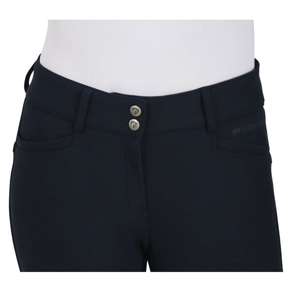 Close up of fastening on Hy Equestrian Arctic Polar Softshell Breeches in Navy