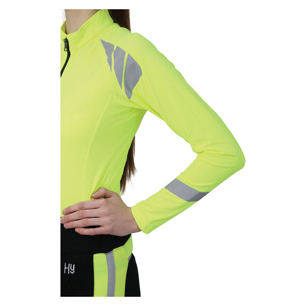 Close up of sleeve detail on Reflector Base Layer by Hy Equestrian in Yellow