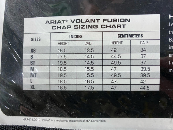Sizing chart for Ariat Volant Fusion Half Chaps.